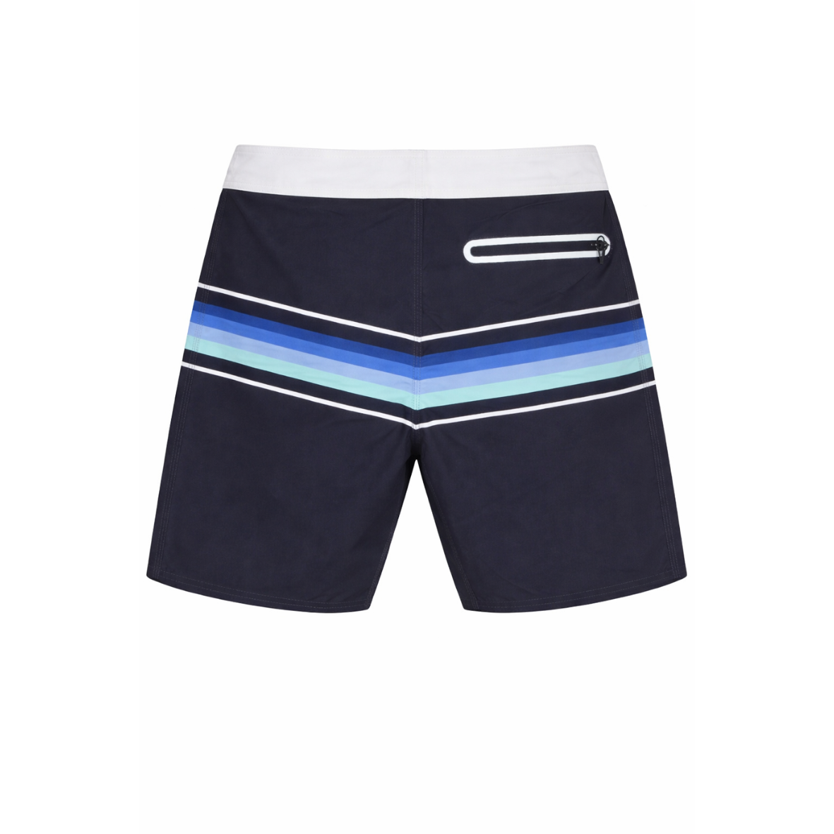 Navy swim shorts with multicolor stripes on a white background