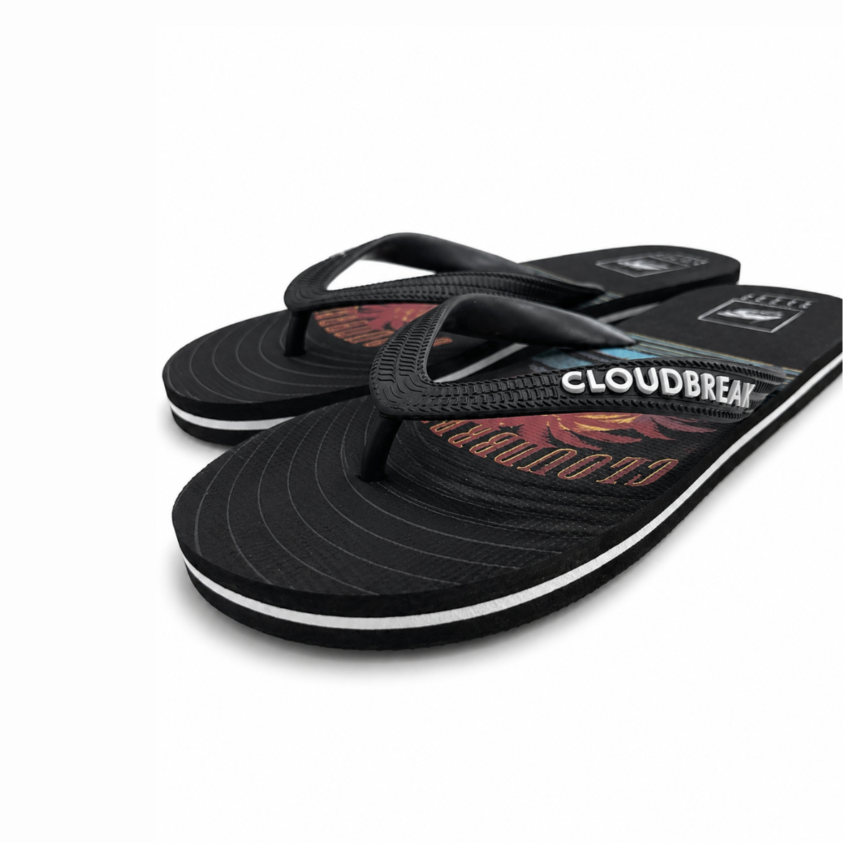 Cloudbreak Men's Flip Flops – Sunset Beach Print in Breeze – detail view