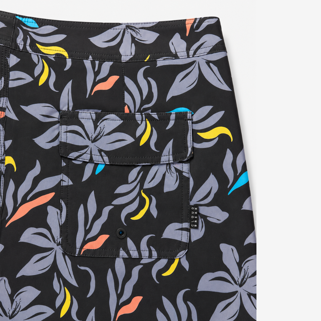 Cloudbreak Men's Boardshorts – Midnight Hibiscus in Black – close-up
