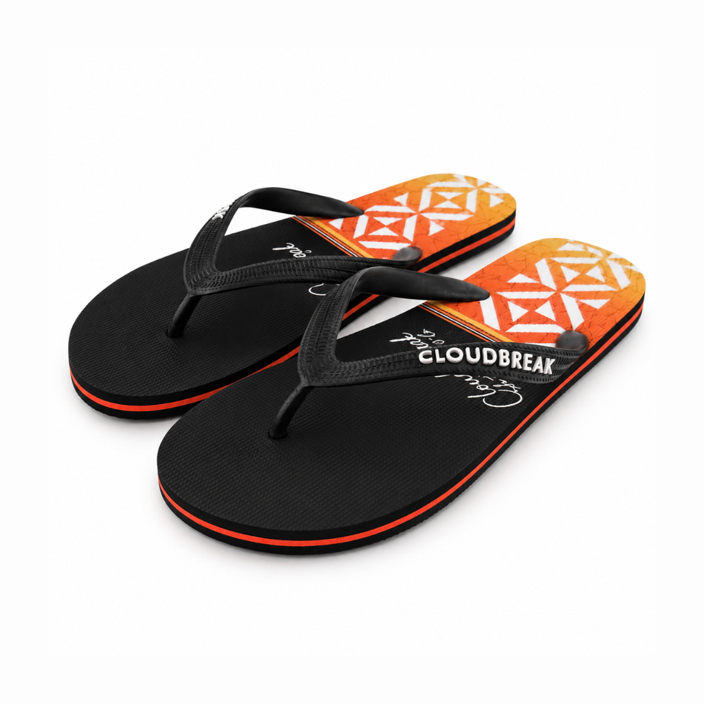 Black and orange flip-flops with 'Cloudbreak' branding on a white background