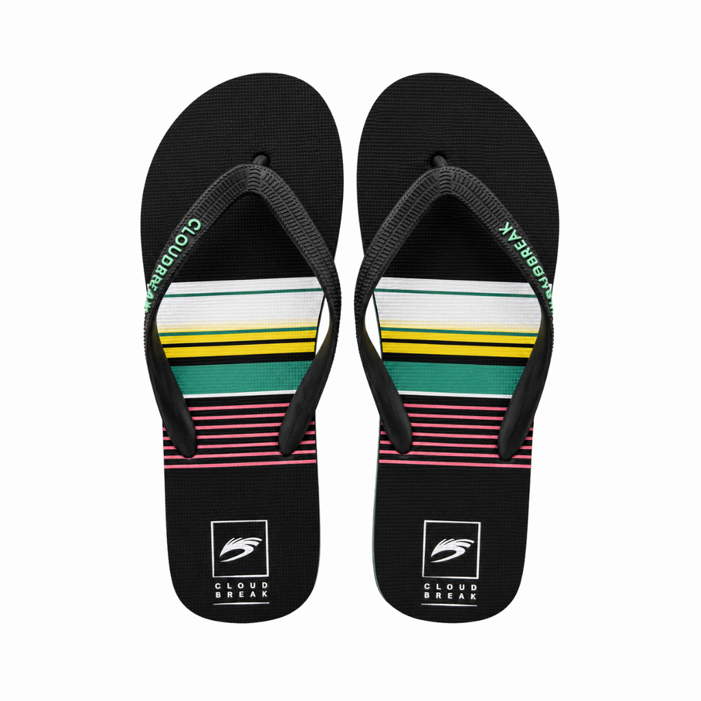 Pair of black flip-flops with colorful stripes on a white background