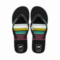 Pair of black flip-flops with colorful stripes on a white background