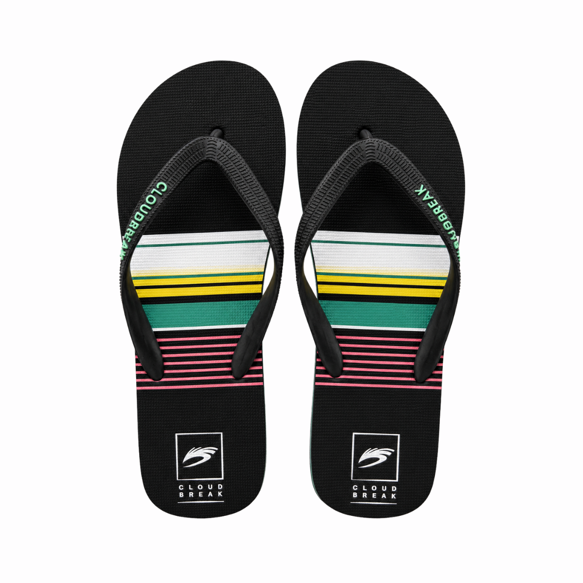 Pair of black flip-flops with colorful stripes on a white background