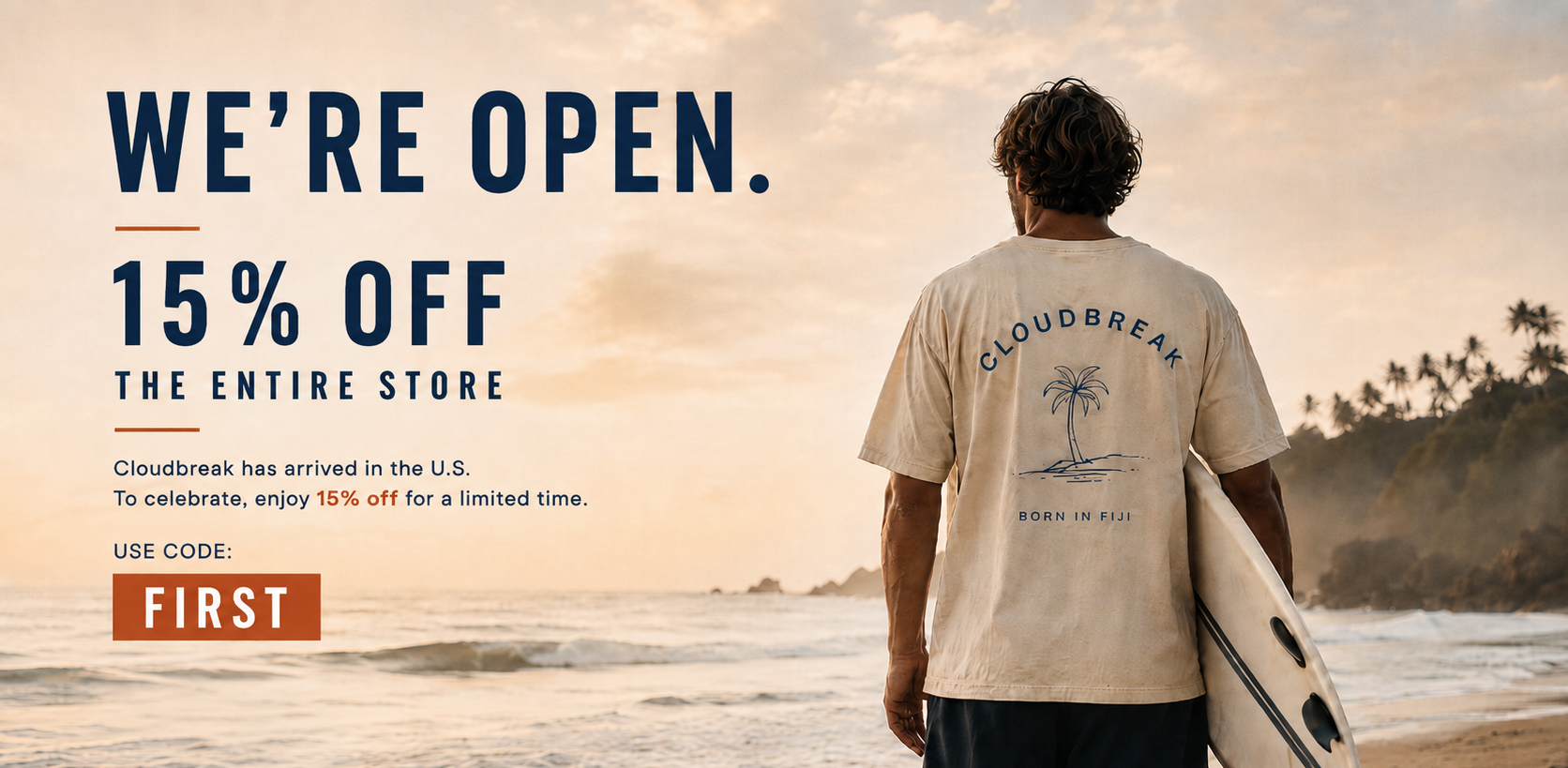 Man holding a surfboard on a beach with promotional text overlay