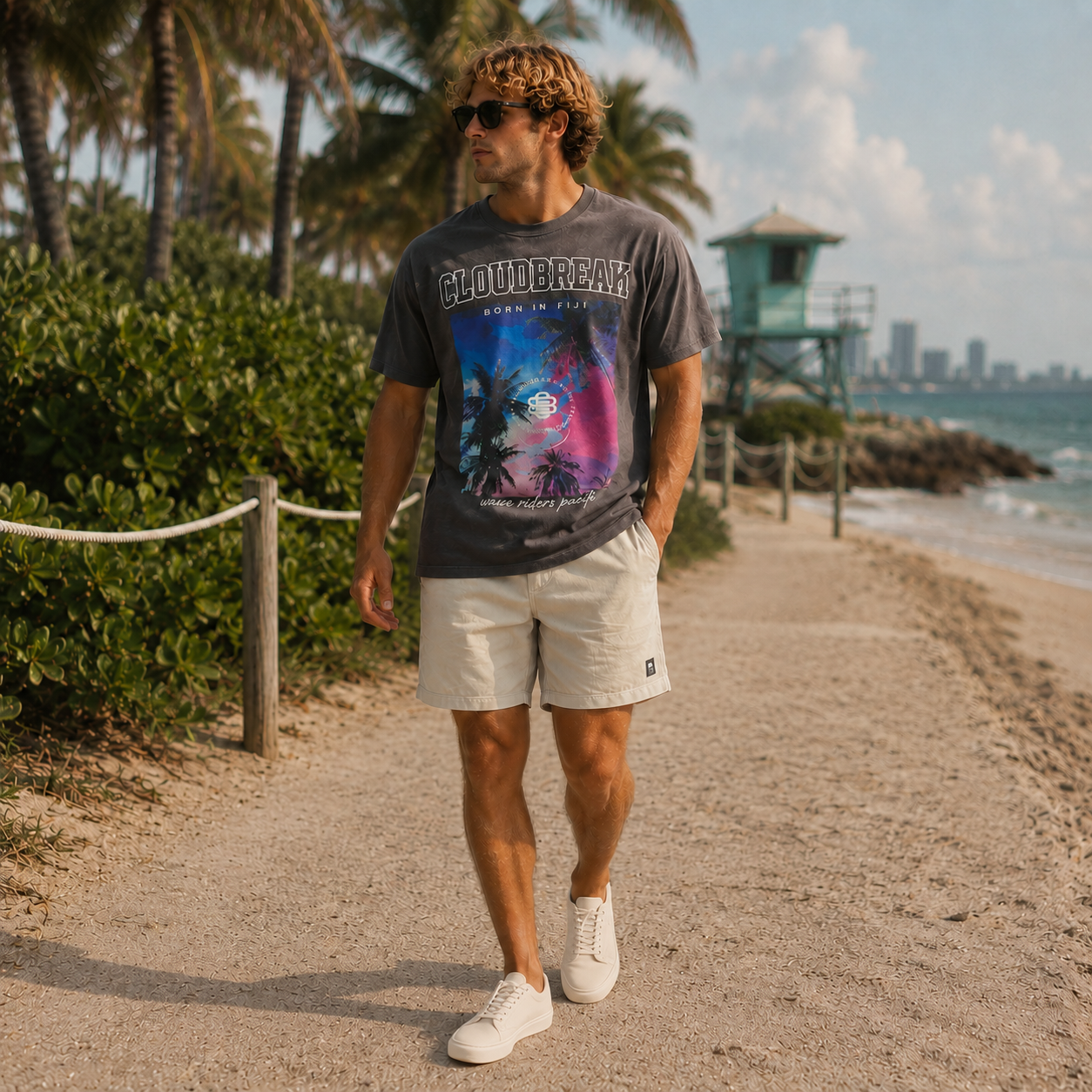 Man walking on a beach path with palm trees and ocean in the background