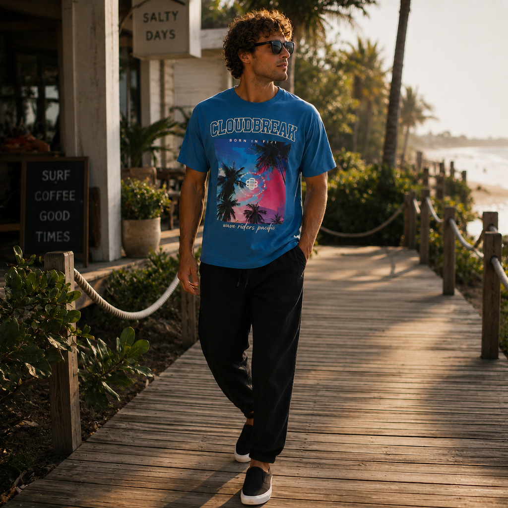 Man walking on a wooden boardwalk by the beach wearing a blue t-shirt with a graphic design.