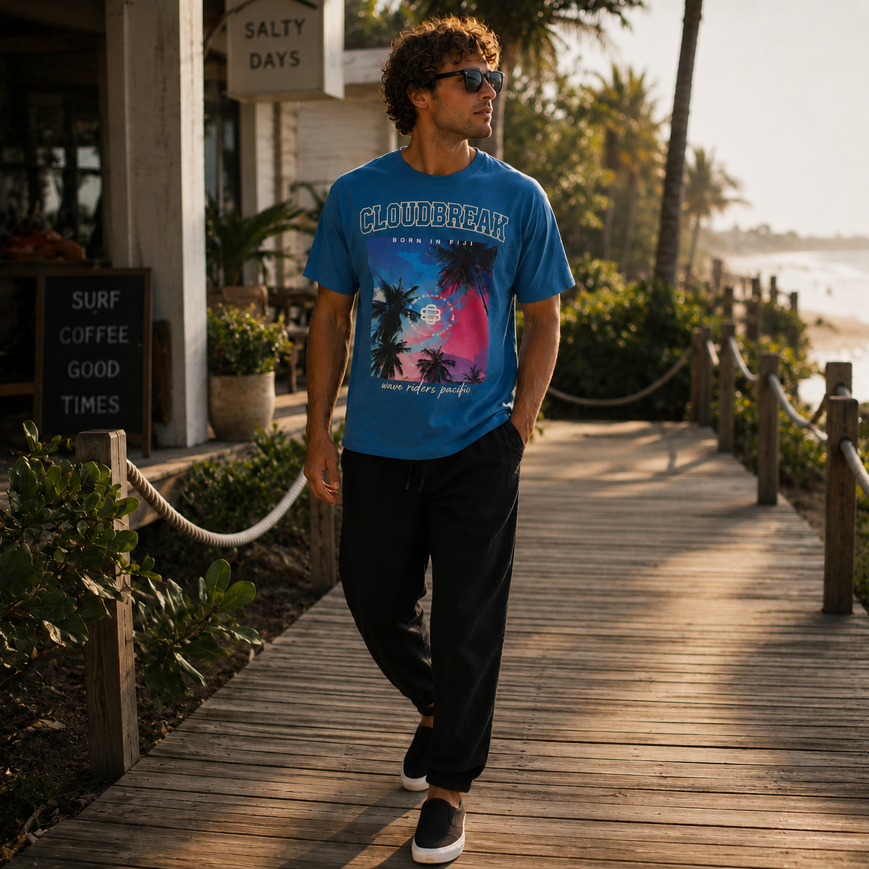 Man walking on a wooden boardwalk by the beach wearing a blue t-shirt with a graphic design.