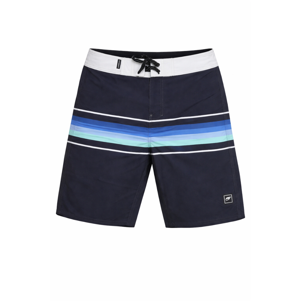 Navy blue shorts with multicolor stripes on a white background