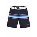 Navy blue shorts with multicolor stripes on a white background
