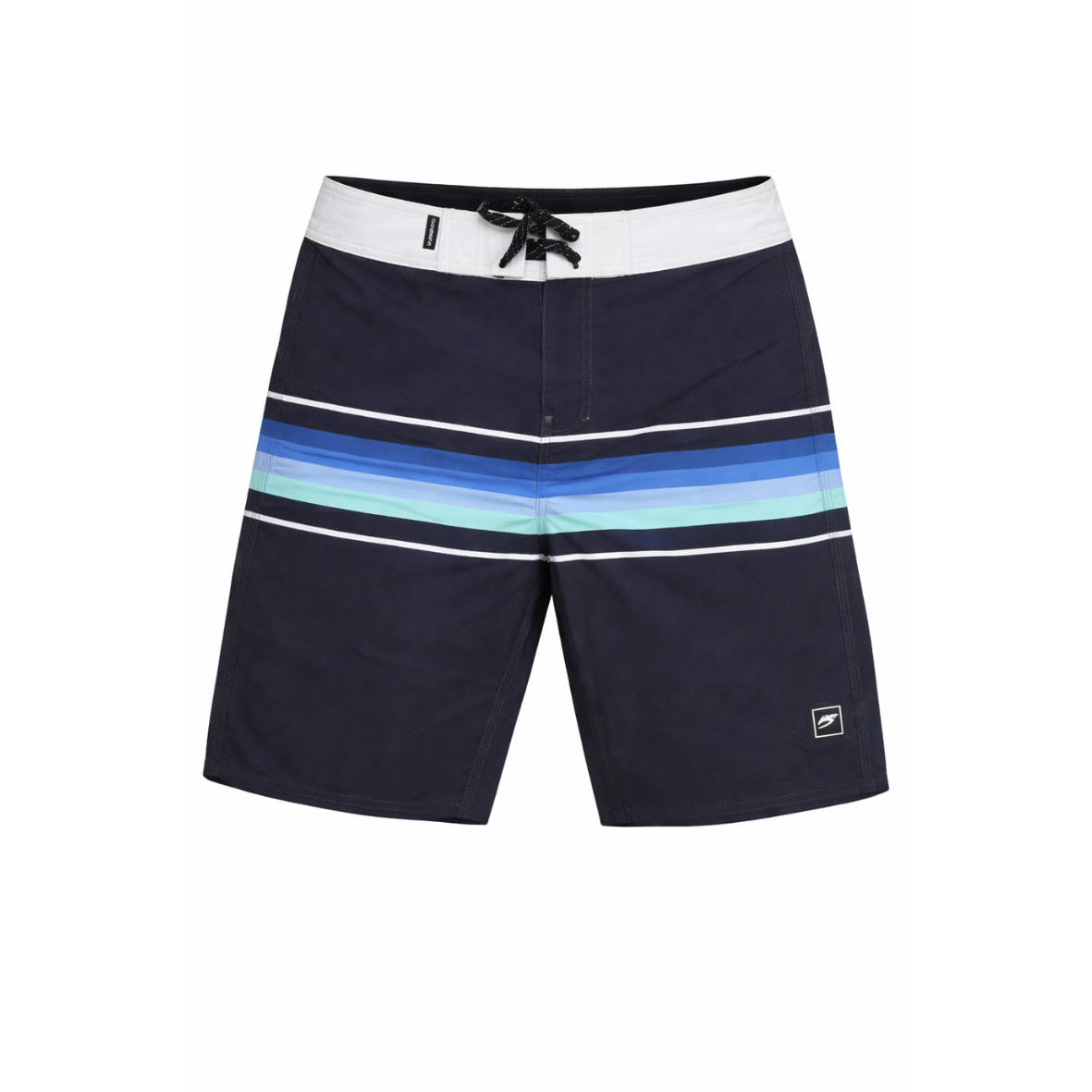 Navy blue shorts with multicolor stripes on a white background