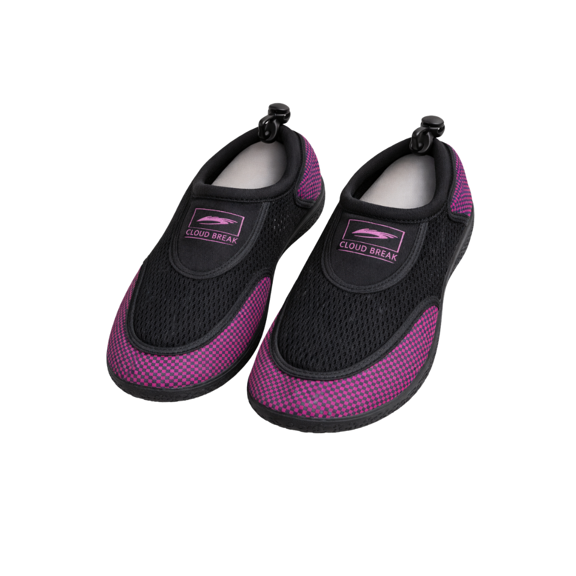 Mens black and magenta reef shoes with breathable mesh upper and flexible rubber sole for coastal and watersport activities