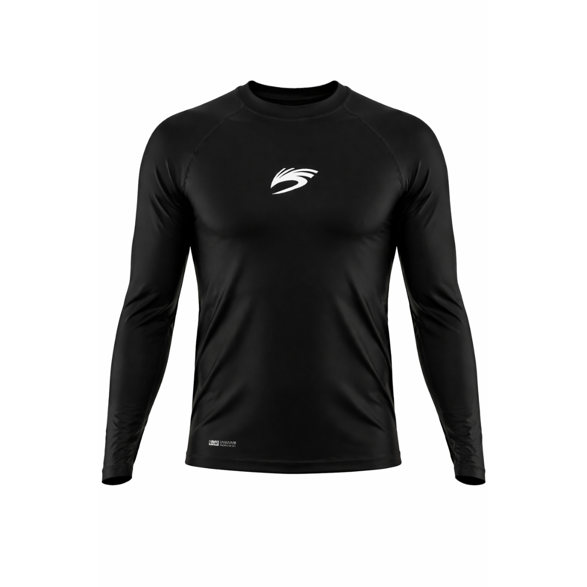 Mens BLACK UV protection long sleeve surf shirt with lightweight quick dry performance fabric and Cloudbreak logo on white background