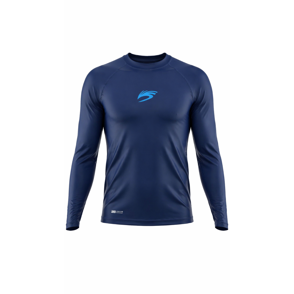 Man wearing black Cloudbreak UV performance long sleeve rash guard with white chest logo and athletic fit on white background