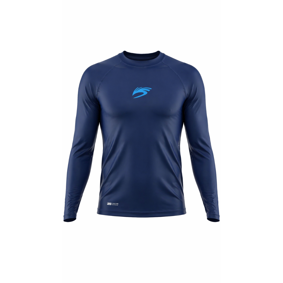 Man wearing black Cloudbreak UV performance long sleeve rash guard with white chest logo and athletic fit on white background