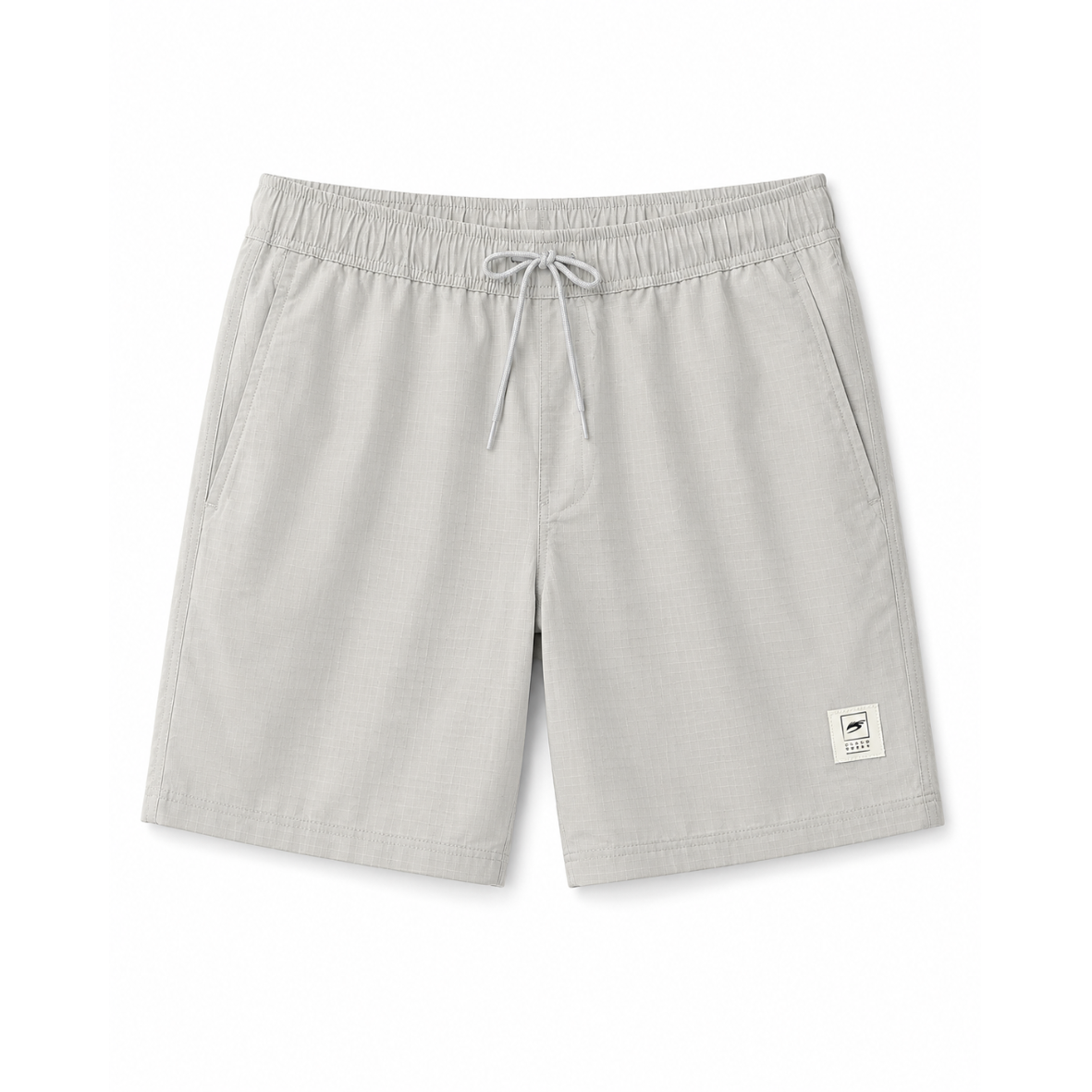 Gray shorts with a small logo on a white background