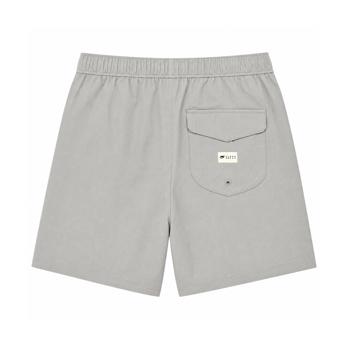 Gray shorts with a pocket and brand logo on a white background