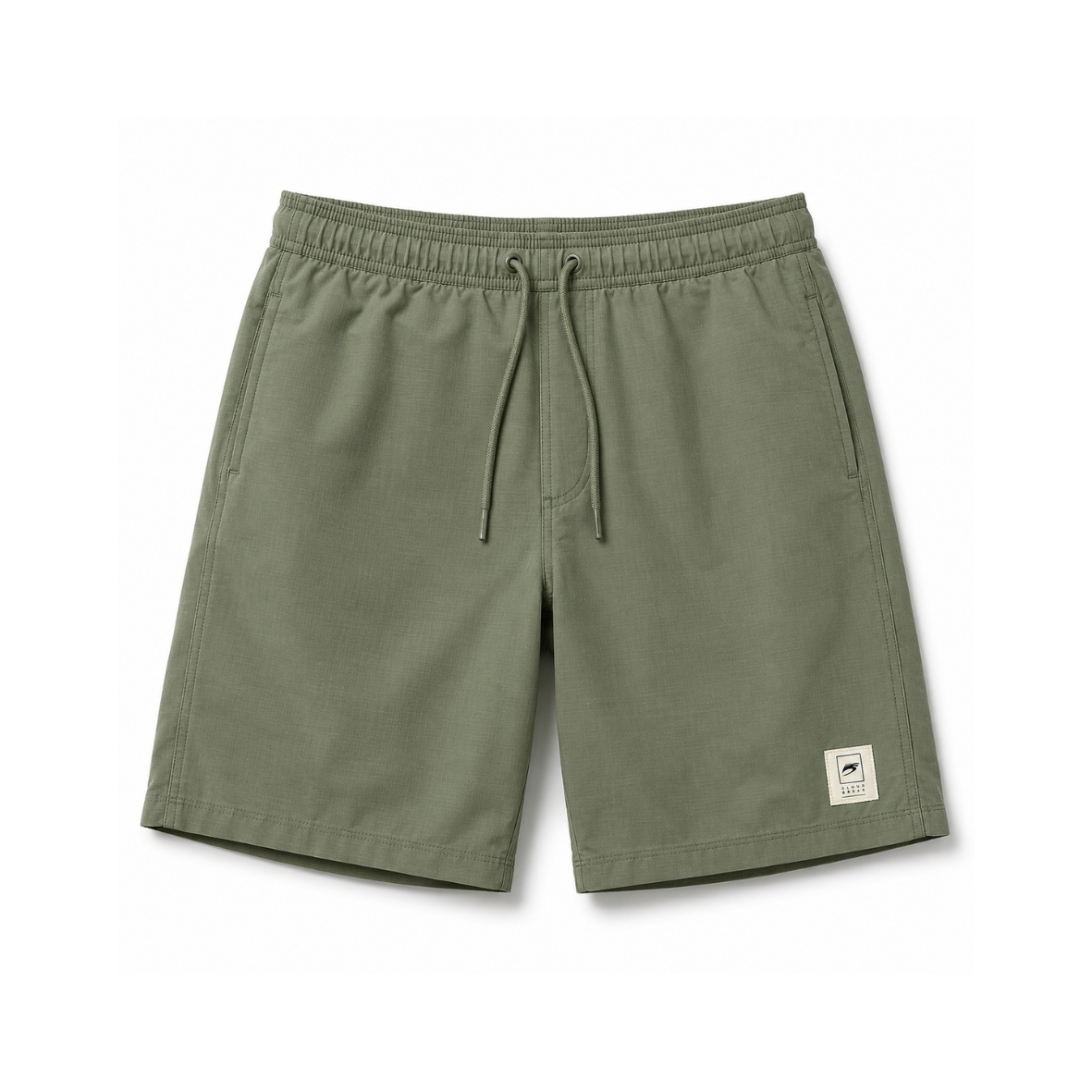 Green shorts with a drawstring on a white background