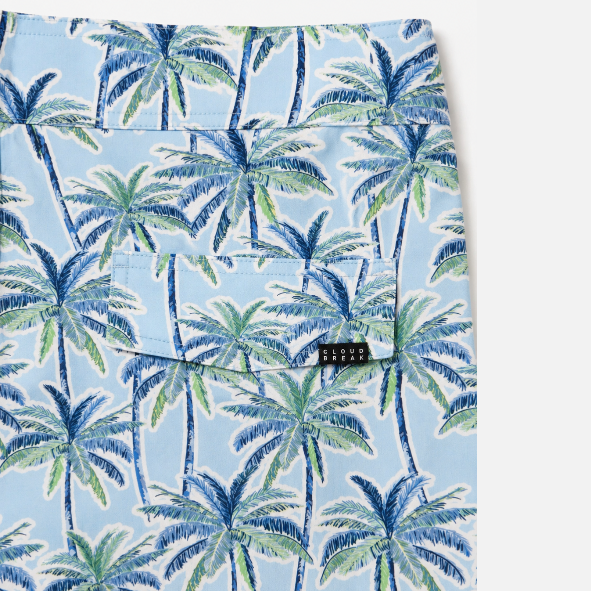 Cloudbreak Men’s Swim Shorts – Tavarua Palm Print in Sky – detail view