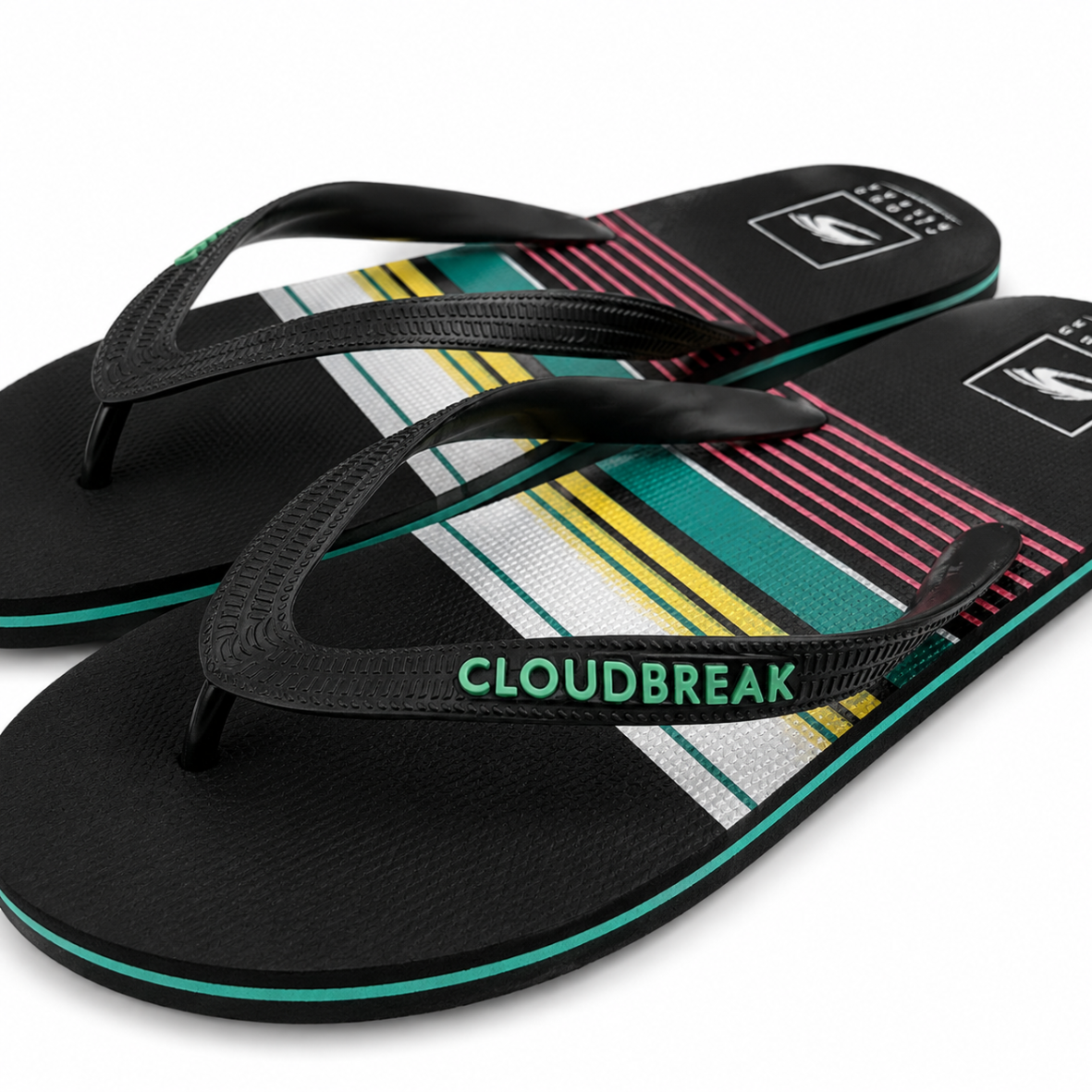 Black flip-flops with colorful stripes and 'Cloudbreak' branding on a white background