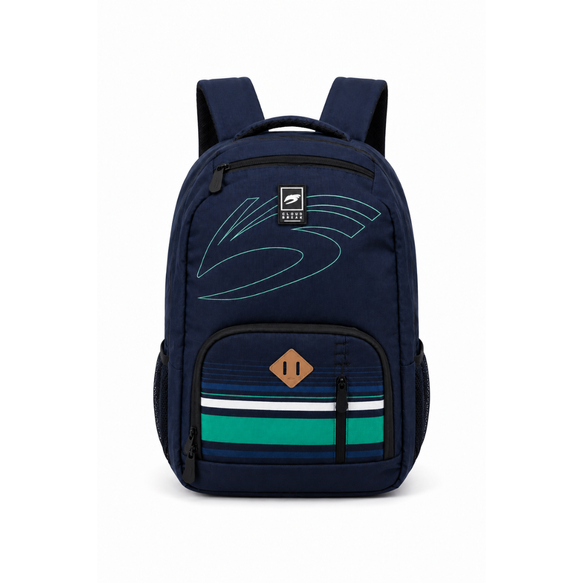 Cloudbreak navy sport backpack with aqua stripe detailing, lightweight everyday backpack for school, travel, and gym