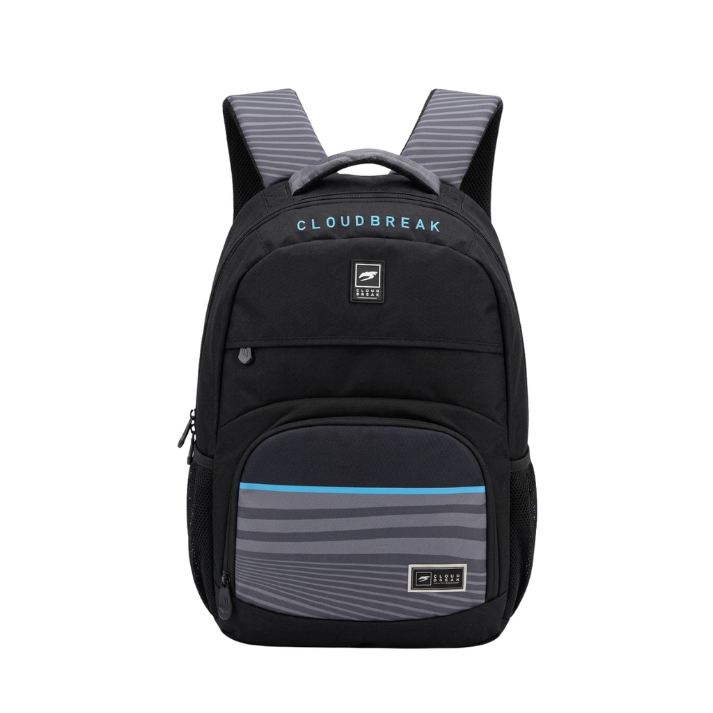 Cloudbreak black everyday backpack with grey stripe detailing and padded straps, lightweight backpack for school and travel