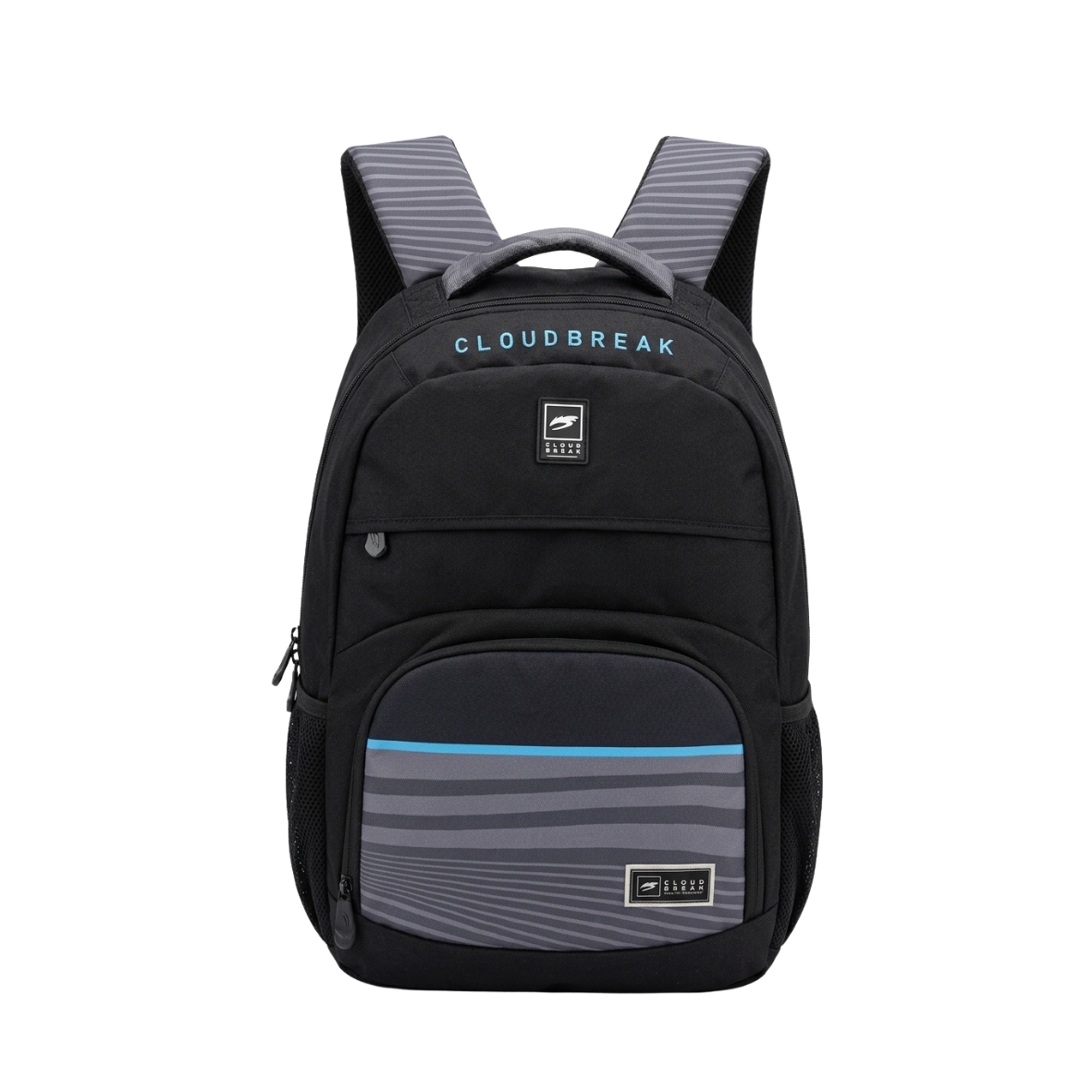 Cloudbreak black everyday backpack with grey stripe detailing and padded straps, lightweight backpack for school and travel