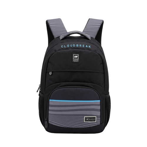 Cloudbreak black everyday backpack with grey stripe detailing and padded straps, lightweight backpack for school and travel