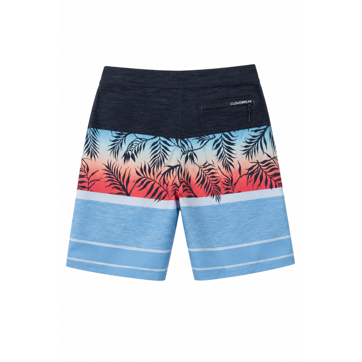 Board shorts with a tropical leaf pattern on a white background