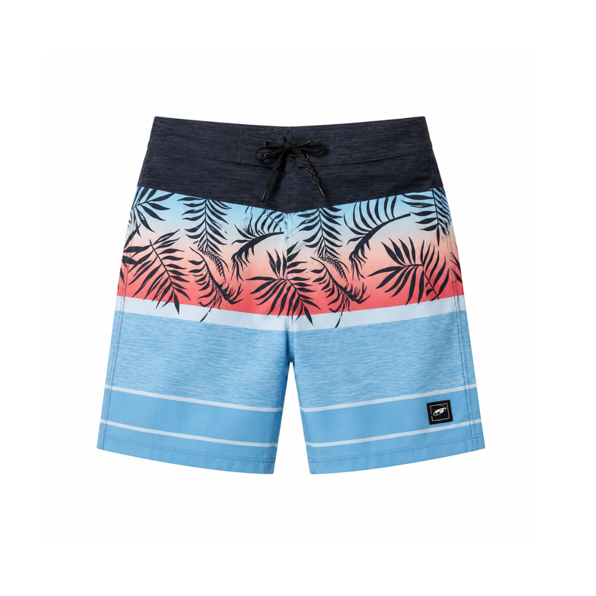 Tropical patterned shorts with blue and pink design on a white background