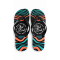Pair of colorful flip-flops with a brand logo on a white background