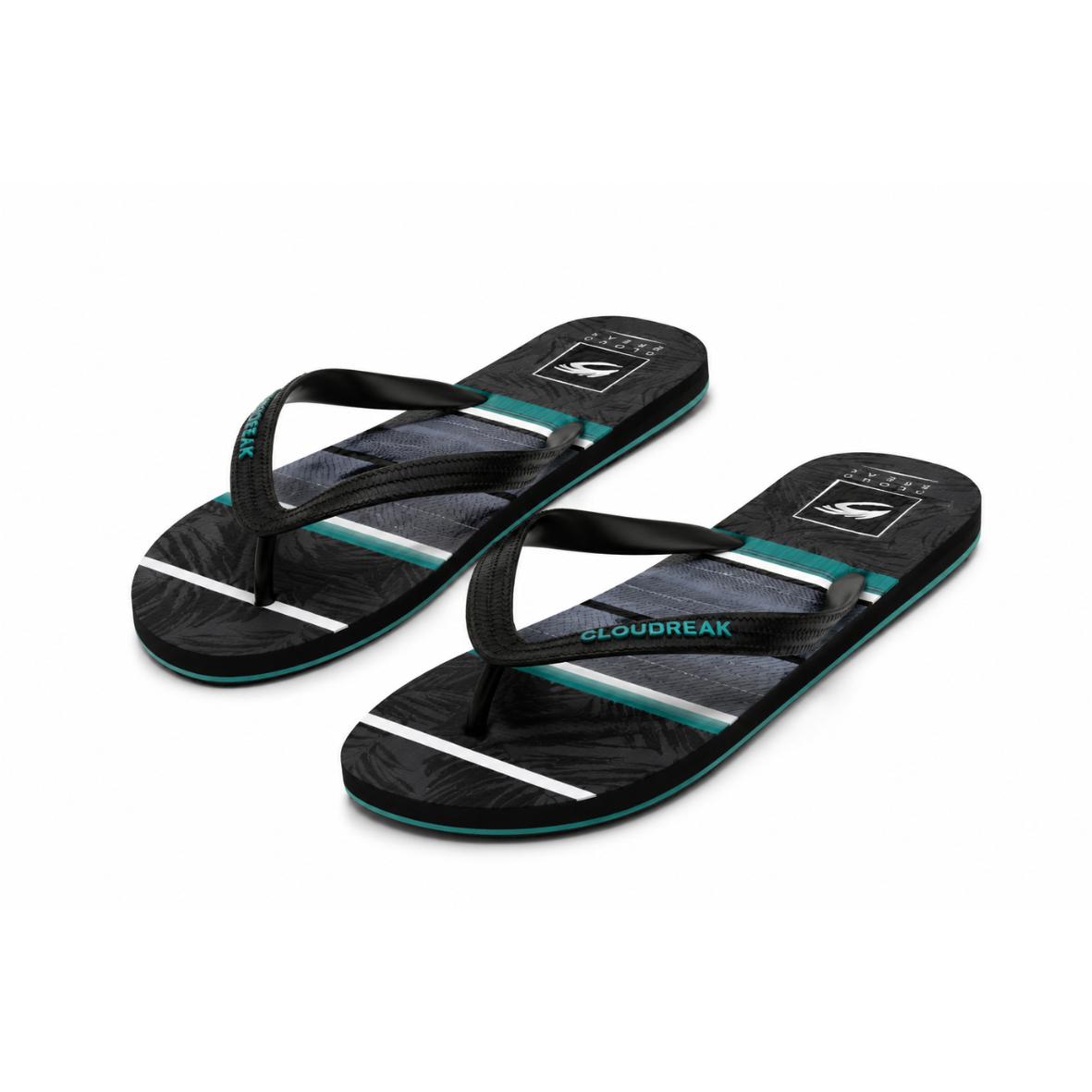 Black and gray sandals with white stripes on a white background