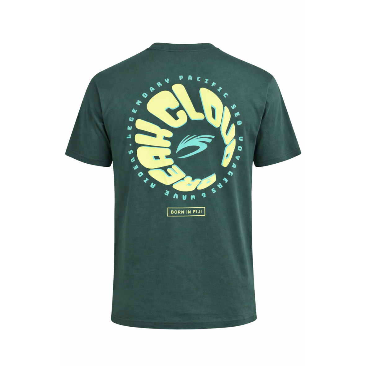 Cloudbreak men’s green graphic t-shirt with large back print inspired by Pacific waves and Fiji, surf lifestyle tee