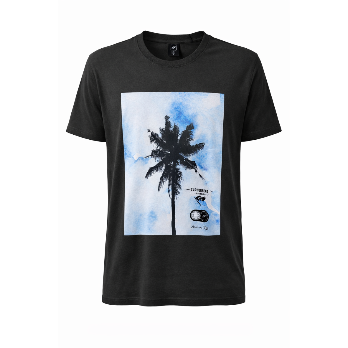 Cloudbreak men’s black t-shirt with minimal palm tree graphic and soft sky background, surf-inspired casual tee