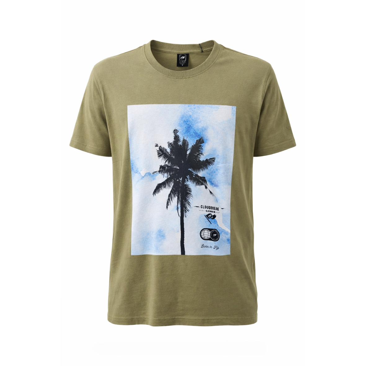Cloudbreak men’s olive green t-shirt with minimal palm tree graphic and soft sky background, surf-inspired casual tee