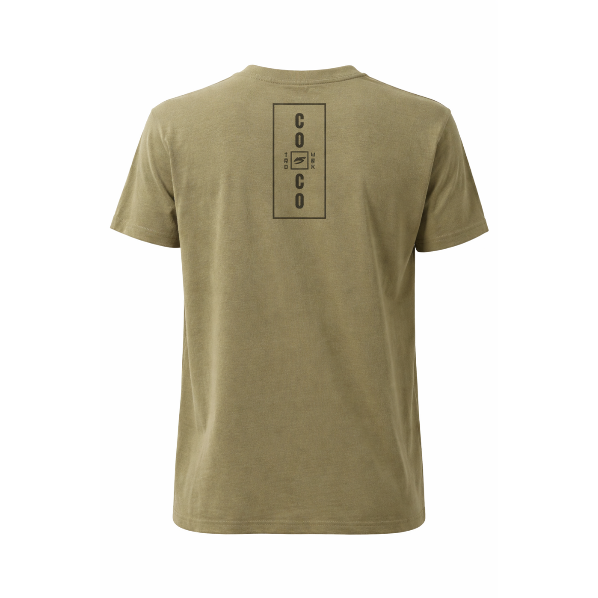 Cloudbreak men’s olive green t-shirt with minimal palm tree graphic and soft sky background, surf-inspired casual tee