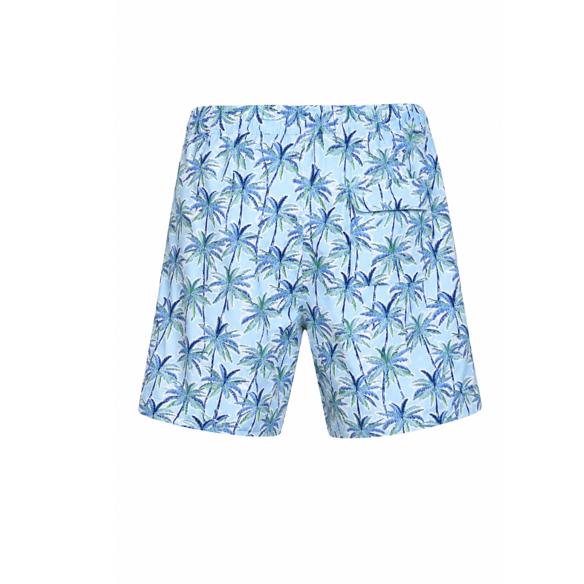 Blue swim shorts with palm tree pattern on a white background