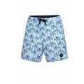 Blue tropical patterned shorts on a white background