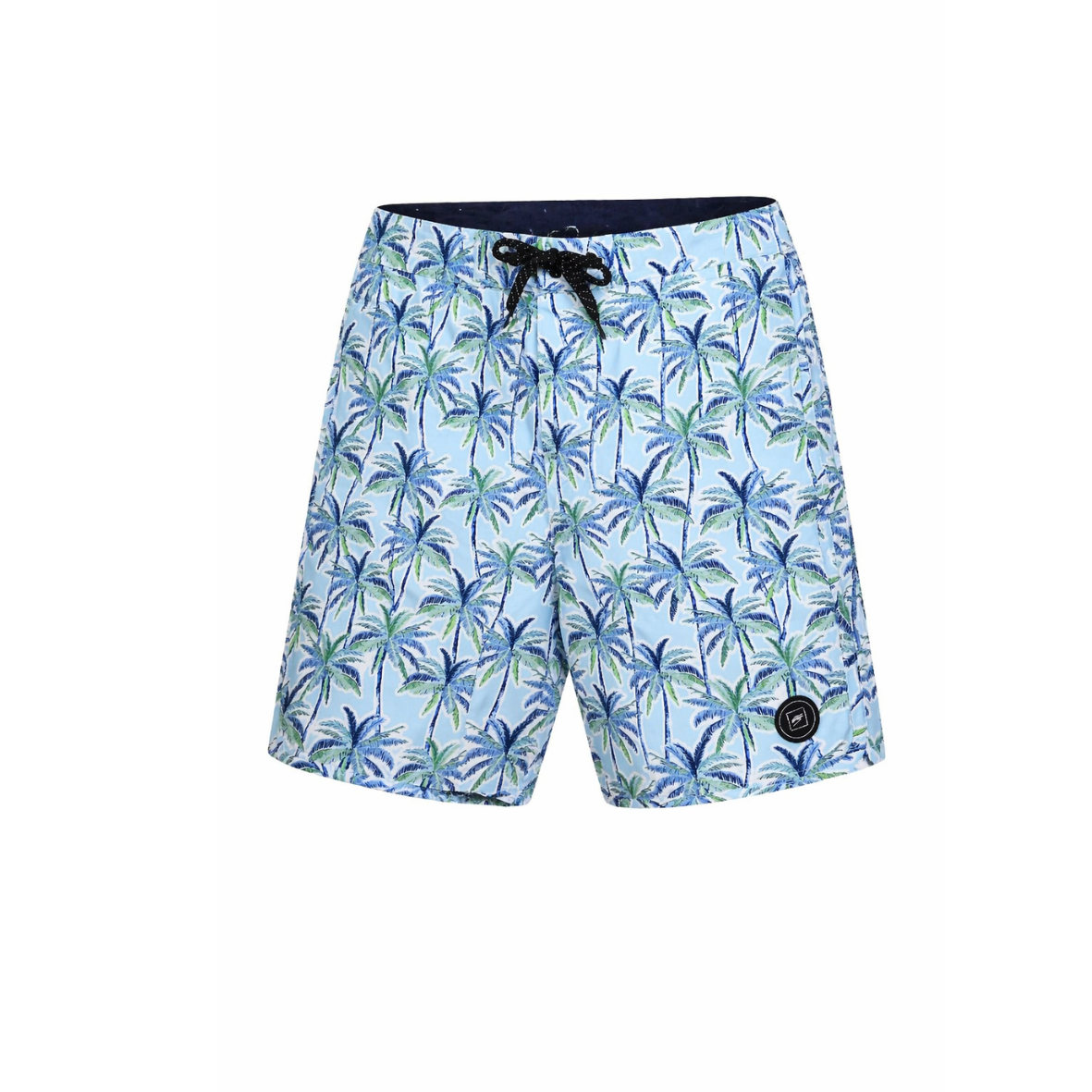 Blue tropical patterned shorts on a white background