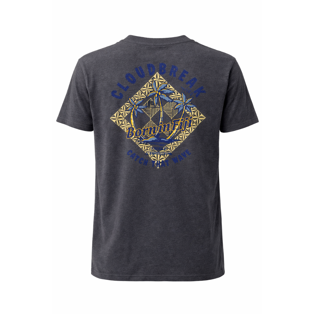 Gray t-shirt with geometric design and text on a white background