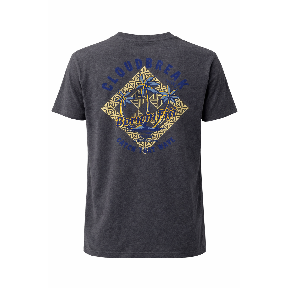 Gray t-shirt with geometric design and text on a white background