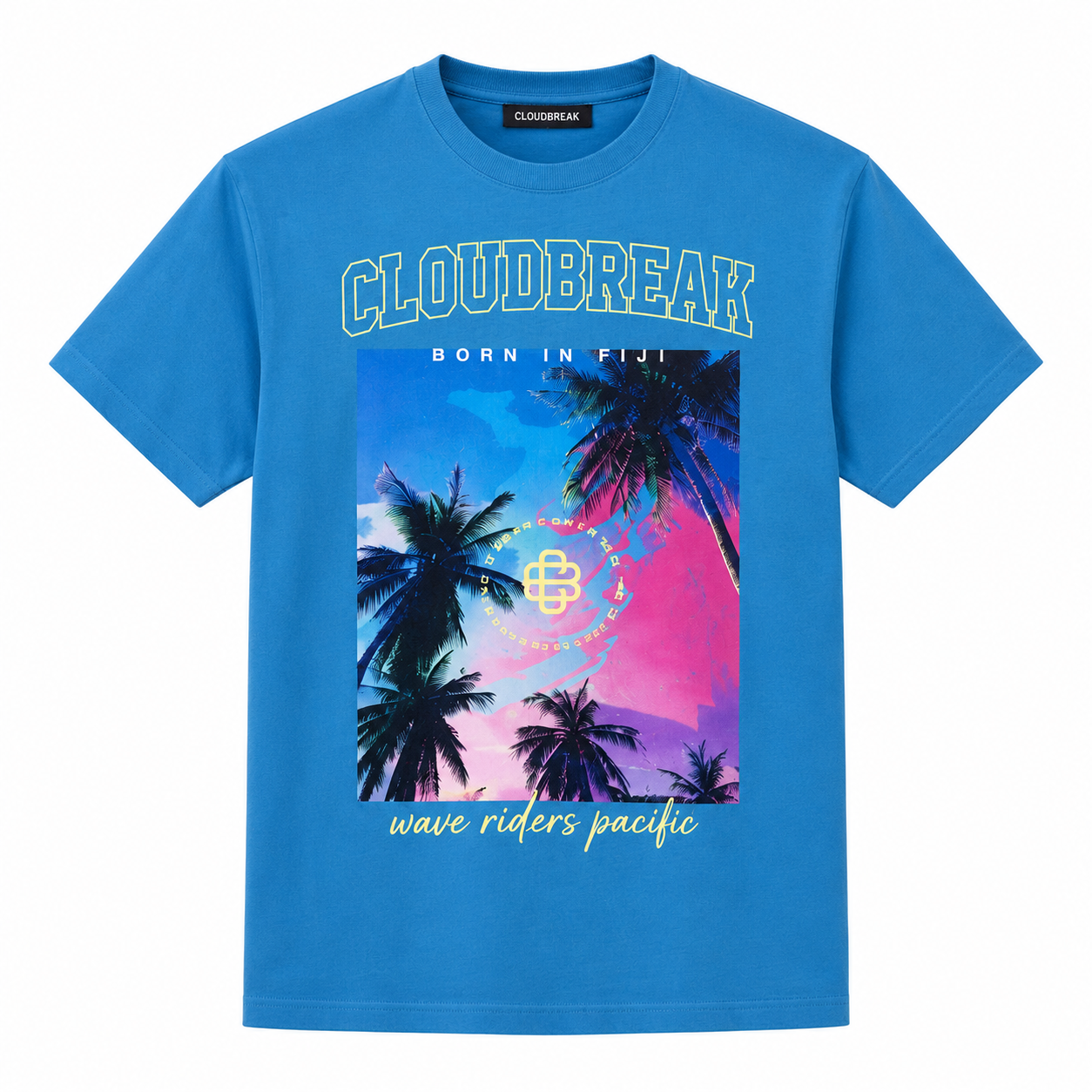 Blue t-shirt with palm tree design and 'Cloudbreak' branding on a white background