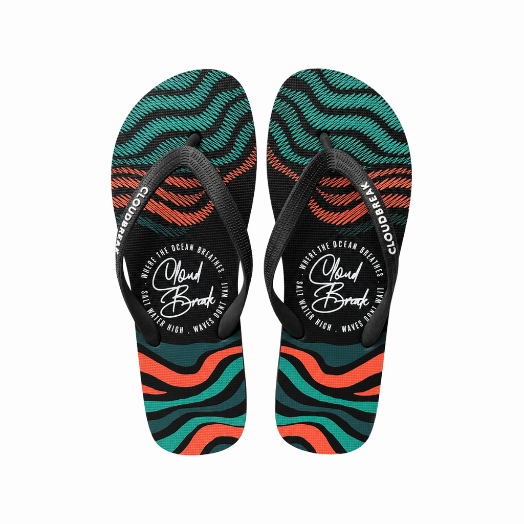 Pair of flip-flops with wavy pattern and brand logo on a white background