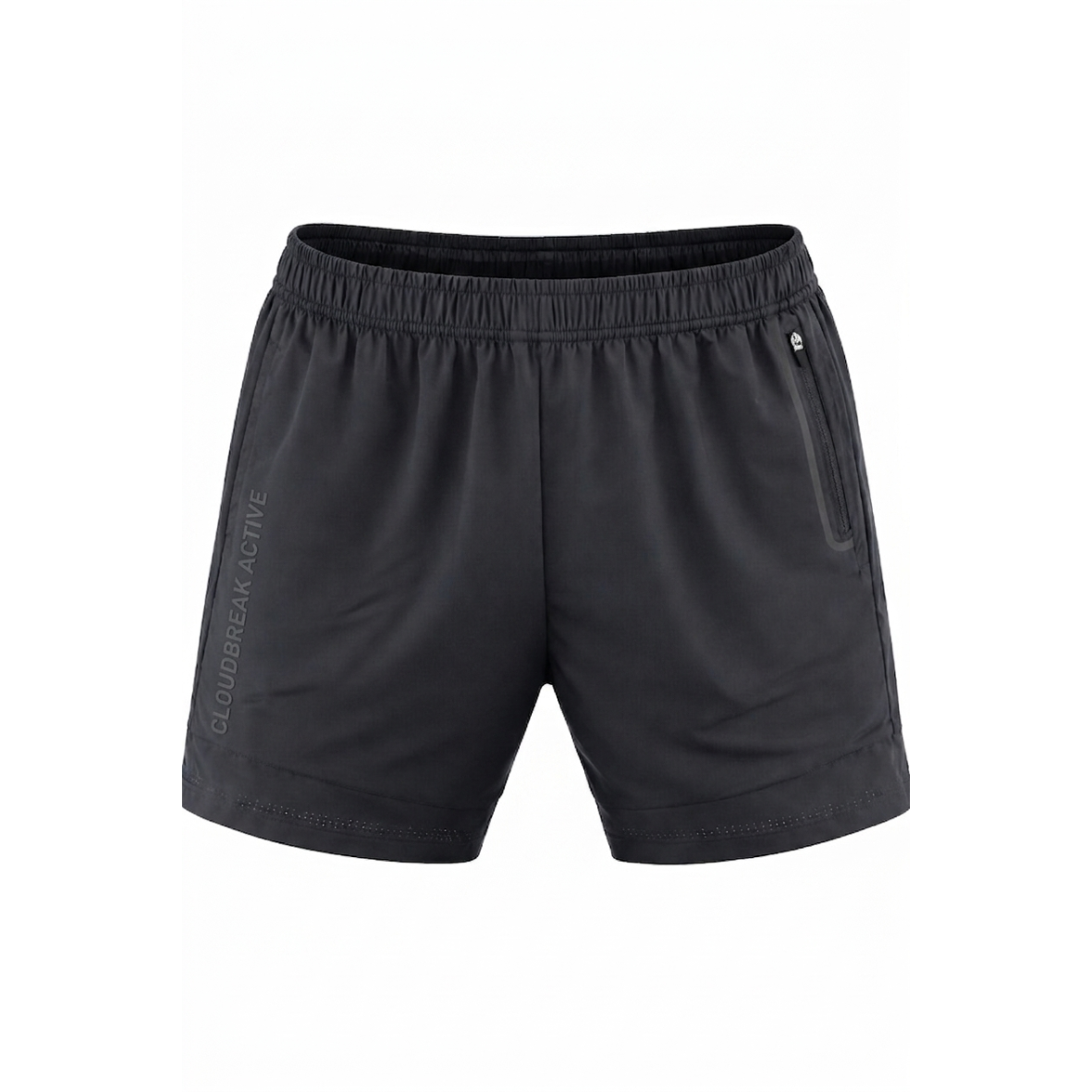 Black Cloudbreak men’s active shorts with elastic waistband and zip pocket, minimalist athletic shorts for gym, running, walking, and casual wear.