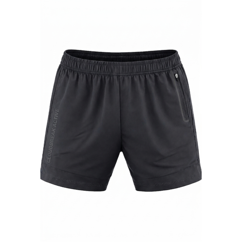 Black Cloudbreak men’s active shorts with elastic waistband and zip pocket, minimalist athletic shorts for gym, running, walking, and casual wear.
