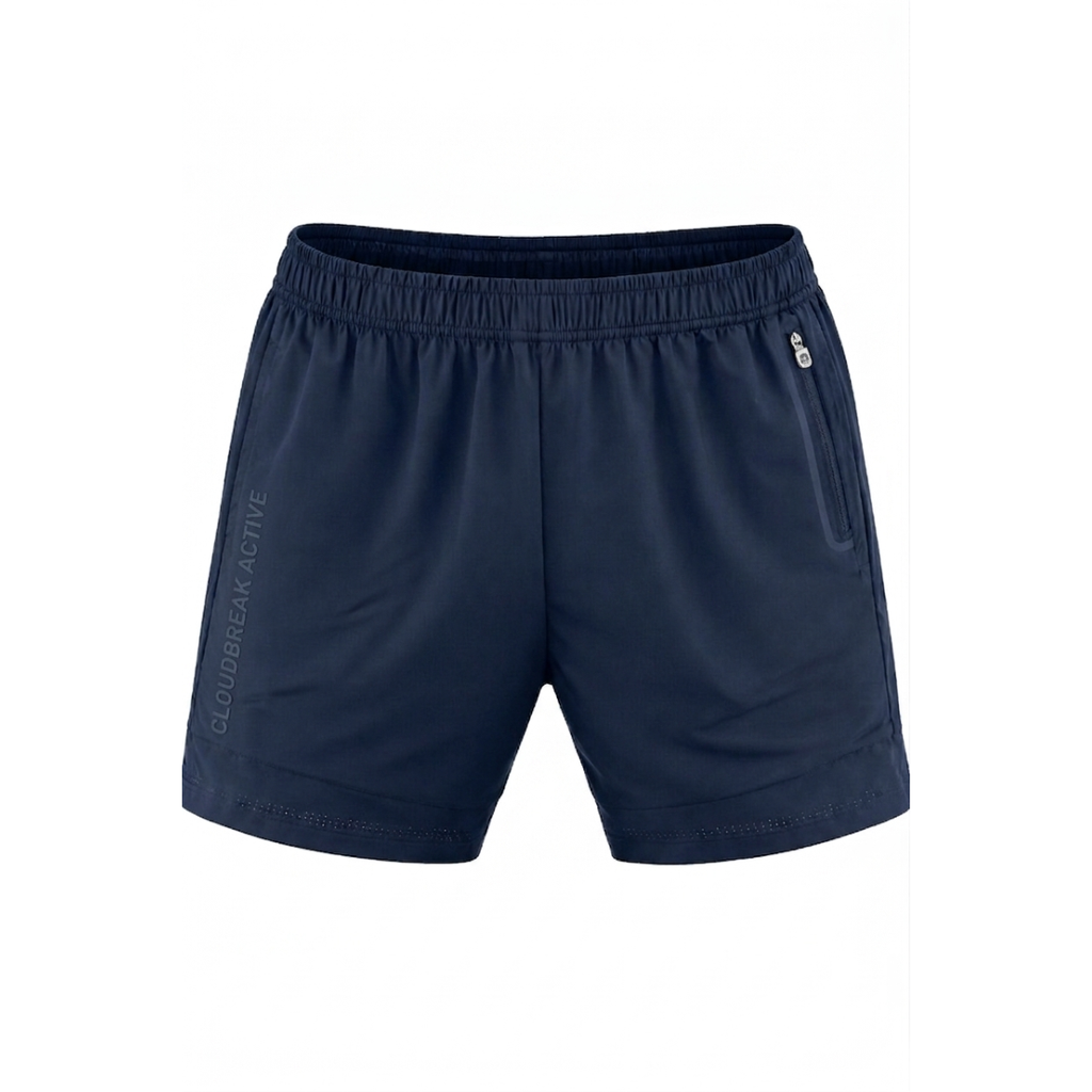Navy Cloudbreak men’s active shorts with elastic waistband and side zip pocket, lightweight athletic shorts for training, travel, and everyday wear.
