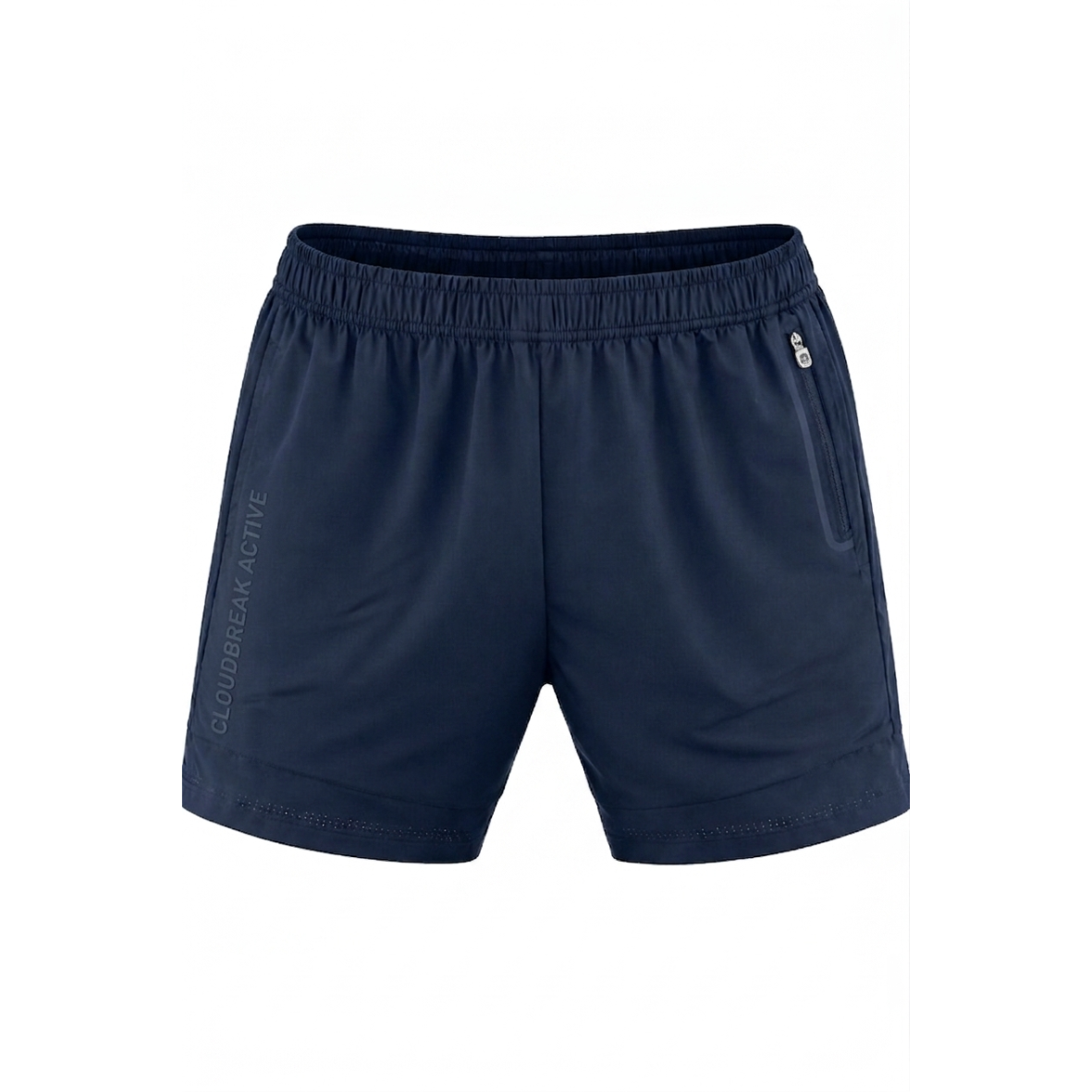Navy Cloudbreak men’s active shorts with elastic waistband and side zip pocket, lightweight athletic shorts for training, travel, and everyday wear.
