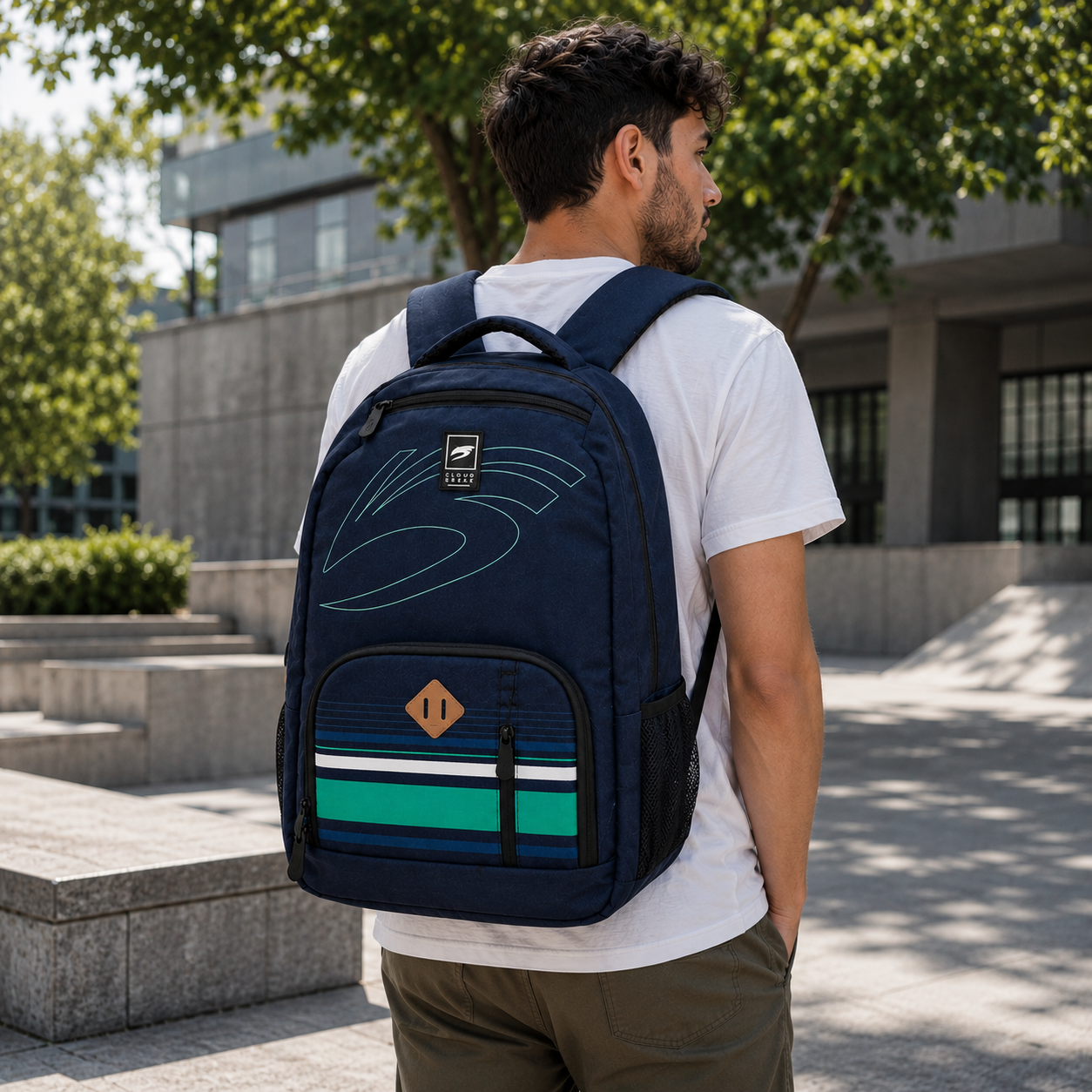 Shop Cloudbreak Fresh sport backpack in navy with striped surf-inspired design. Lightweight everyday backpack for school, travel, gym, and work.